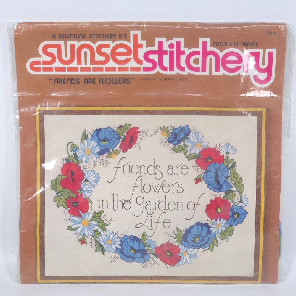 Vintage 1981 Sunset Stitchery Friends Flowers Embroidery Kit 2661 Floral Granny